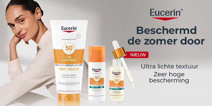 Eucerin SPF 50 Oil Control Dry Touch sunscreen and serums displayed beside a smiling woman, ultra-light texture
