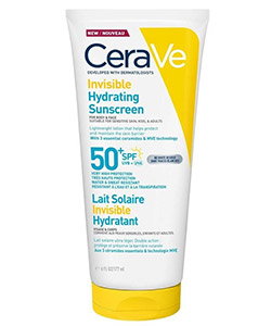 Tube of CeraVe Invisible Hydrating Sunscreen SPF 50+ broad-spectrum, white and yellow packaging