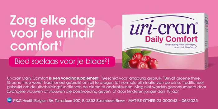 Uri-cran Daily Comfort supplement box with cranberries on pink background promoting urinary and bladder comfort