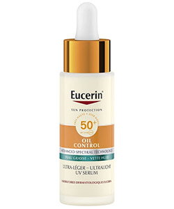 Eucerin Sun Protection SPF 50+ Oil Control ultra-light UV serum in white glass dropper bottle