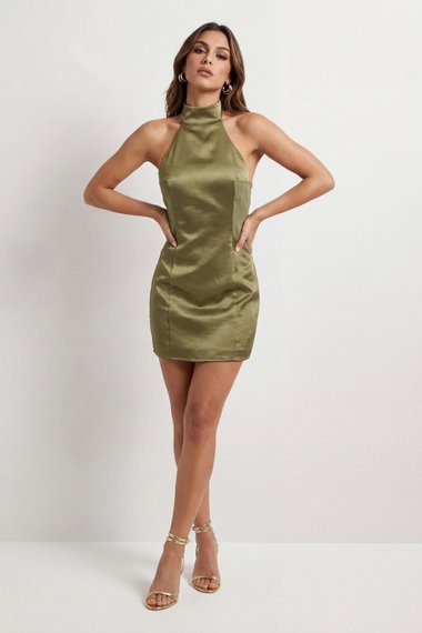 High Neck Halter Panelled Satin Mini Dress