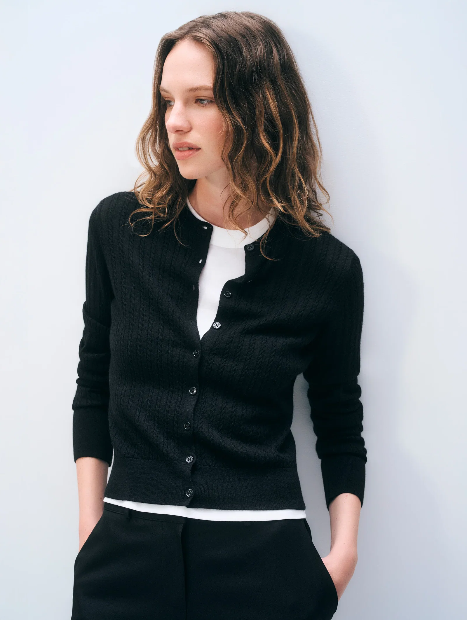 Image of Cashmere Linen Blend Cable Button Cardigan | Black