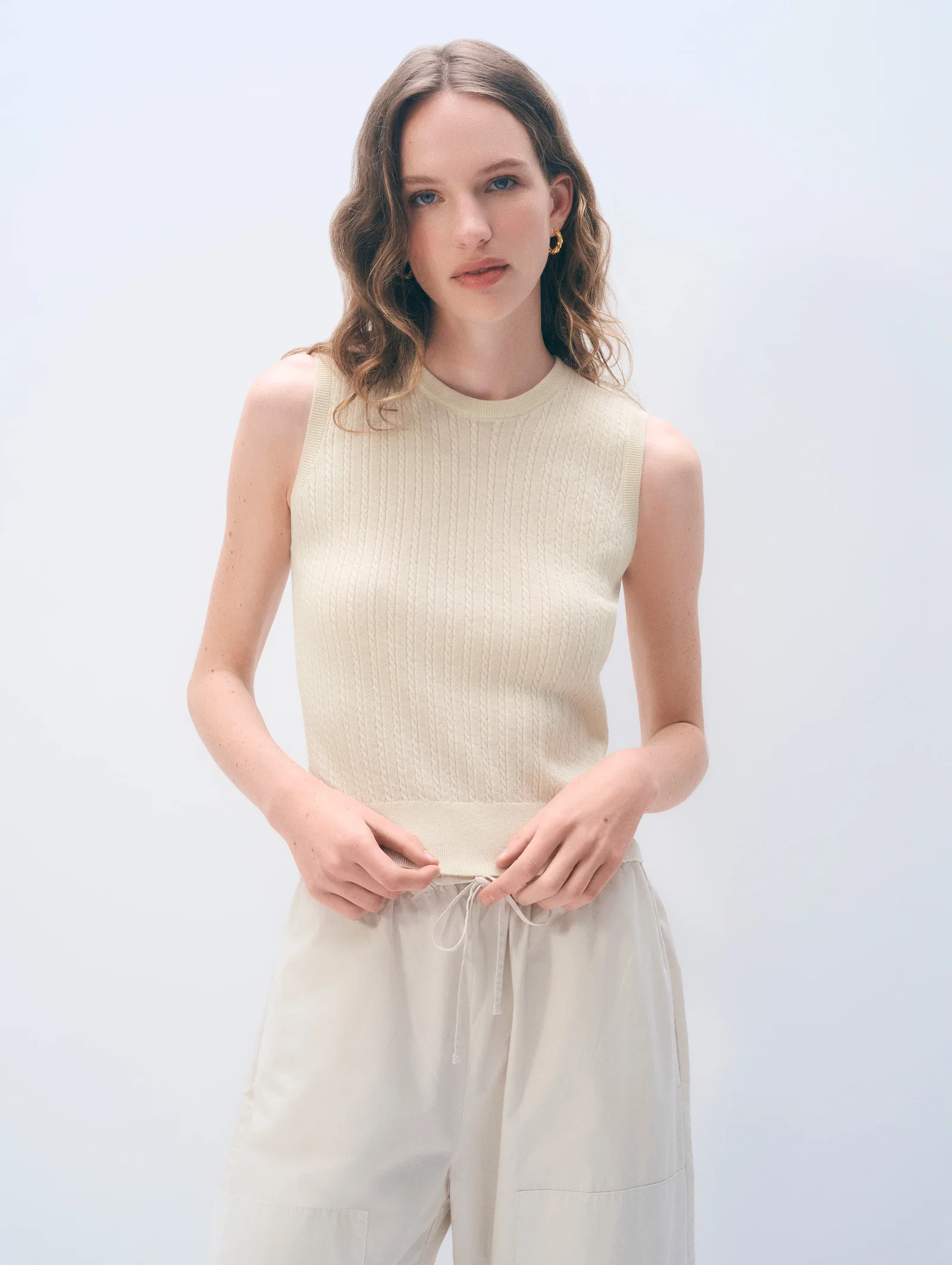 Image of Cashmere Linen Blend Cable Shell | Ivory