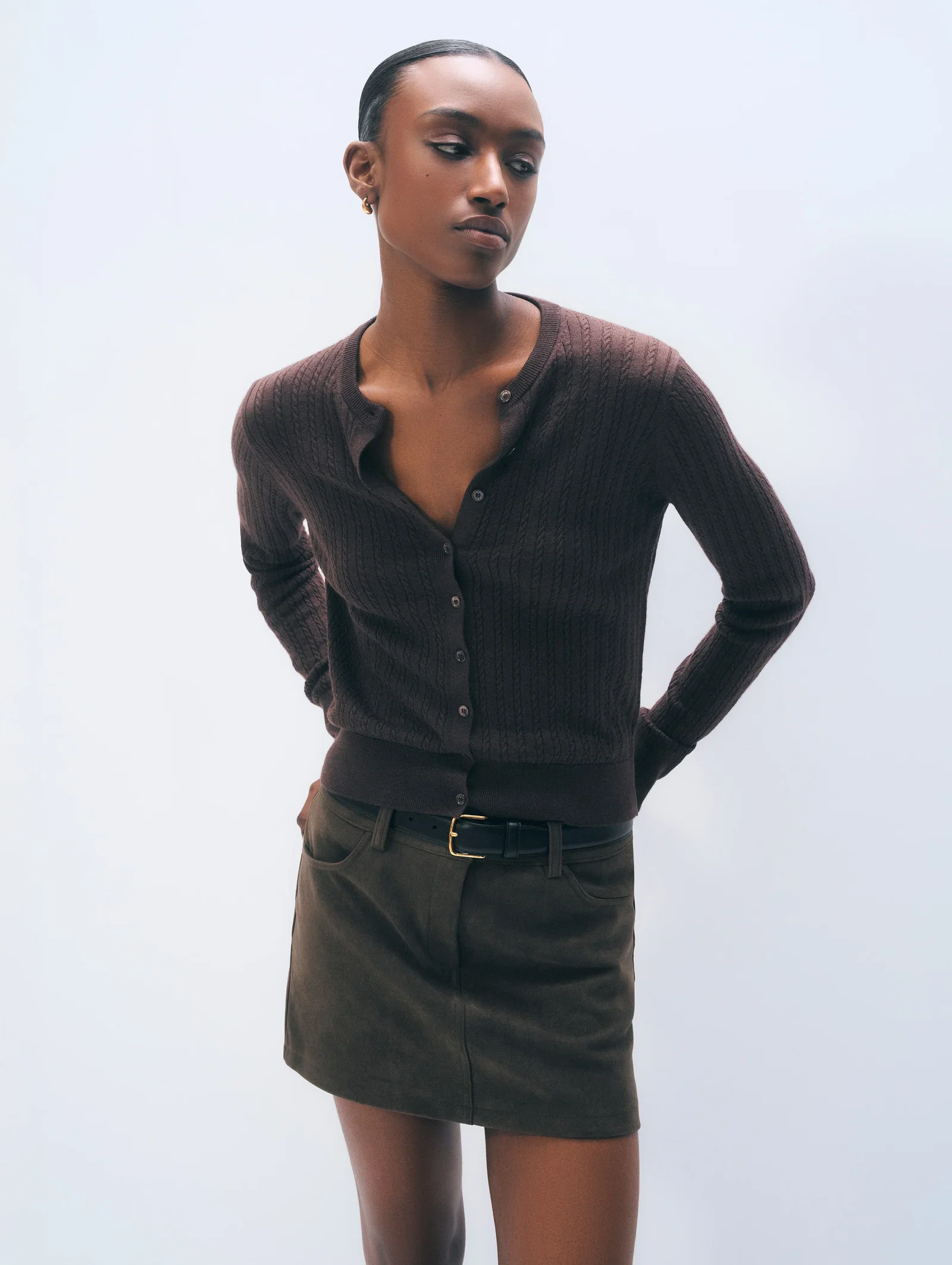 Image of Cashmere Linen Blend Cable Button Cardigan | Dark Espresso