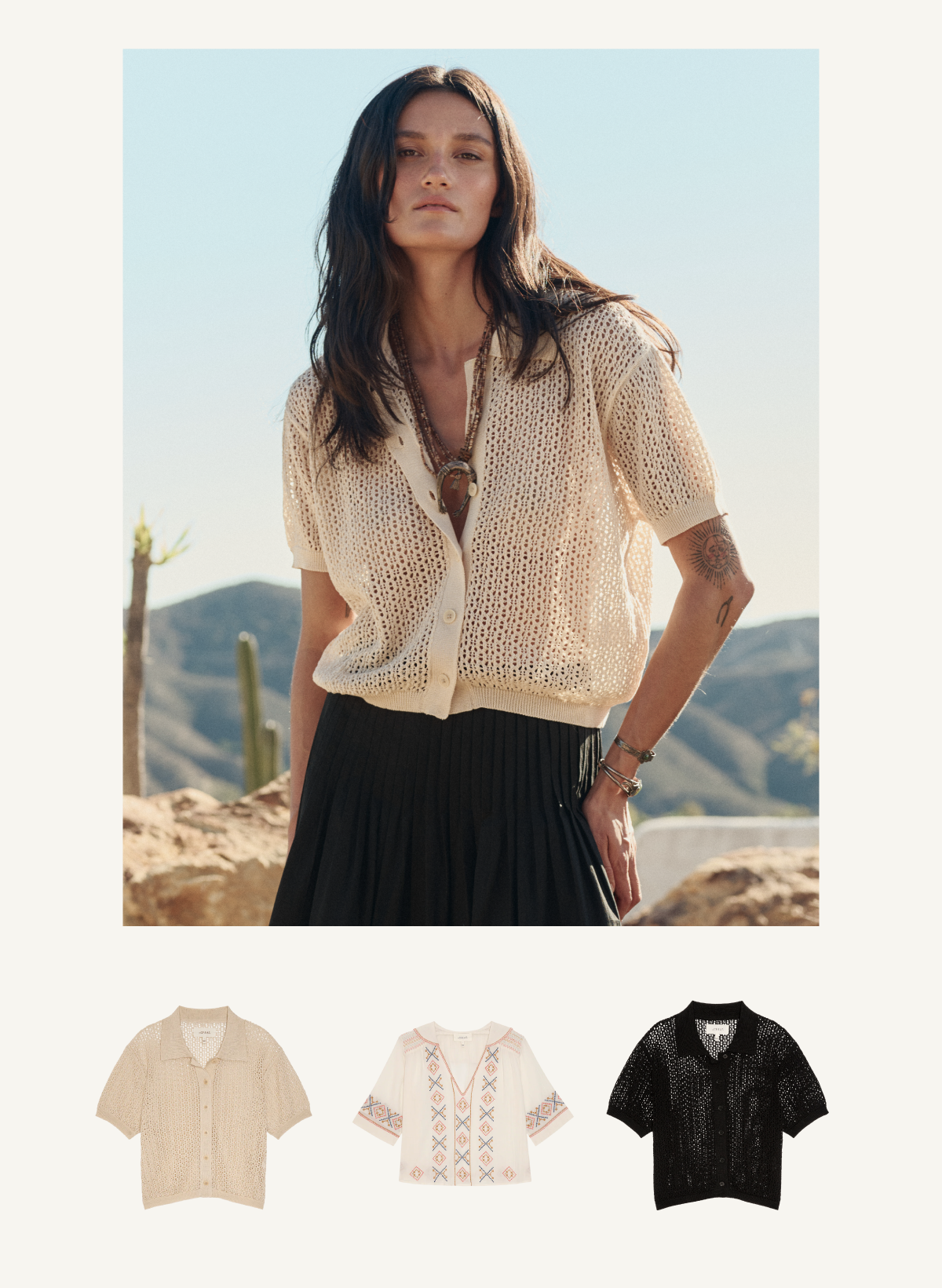 A woman outdoors wears a short-sleeved, cream knit button-up cardigan. Below are three cardigans: cream knit, cream with a geometric pattern, and black knit. Desert scenery is in the background.