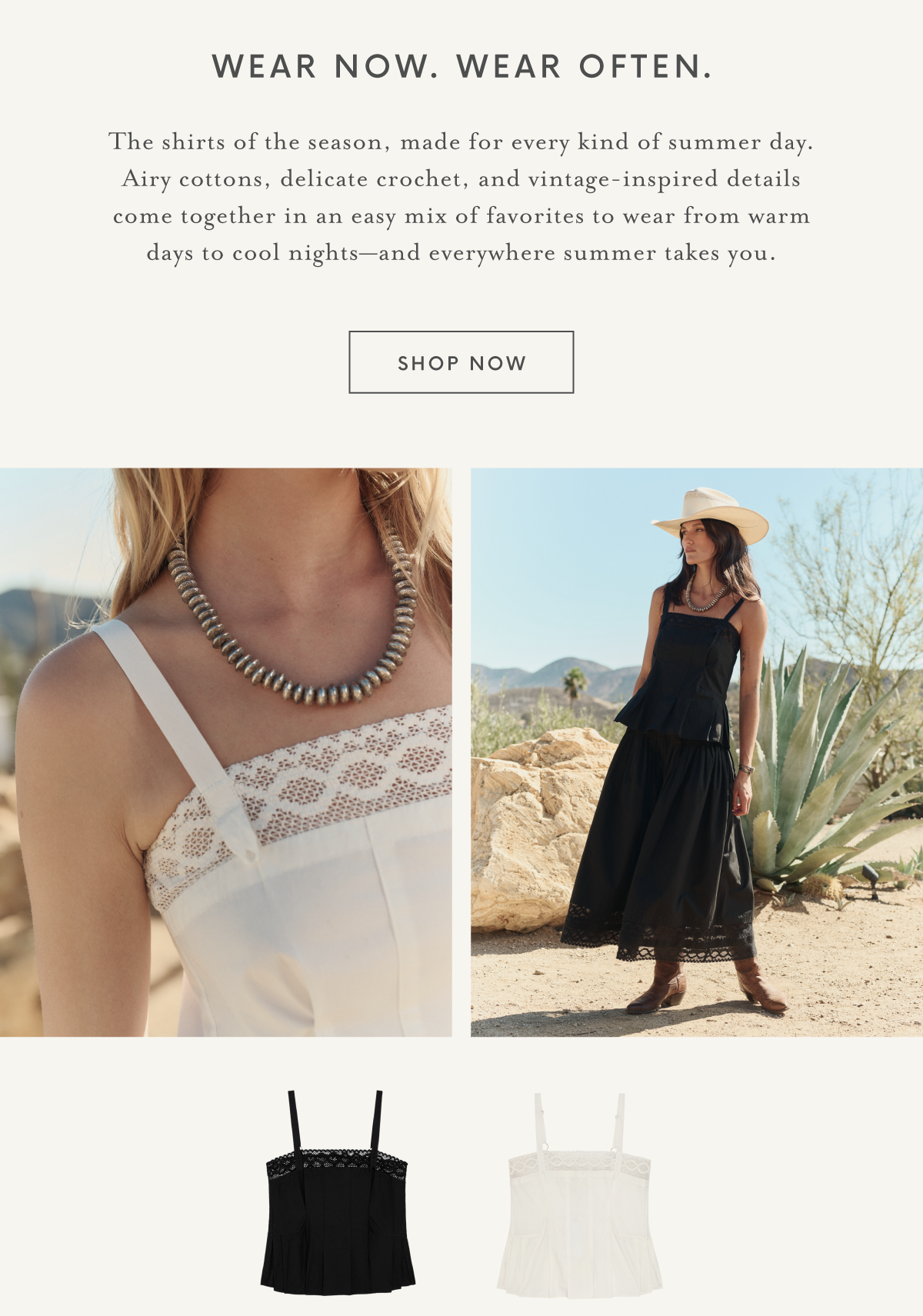 Collage showing two women outdoors in summer outfits, one in white and one in black. Close-up reveals lace and crochet details. Two separate images of the black and white tops appear at the bottom. Call to action button reads "shop now".