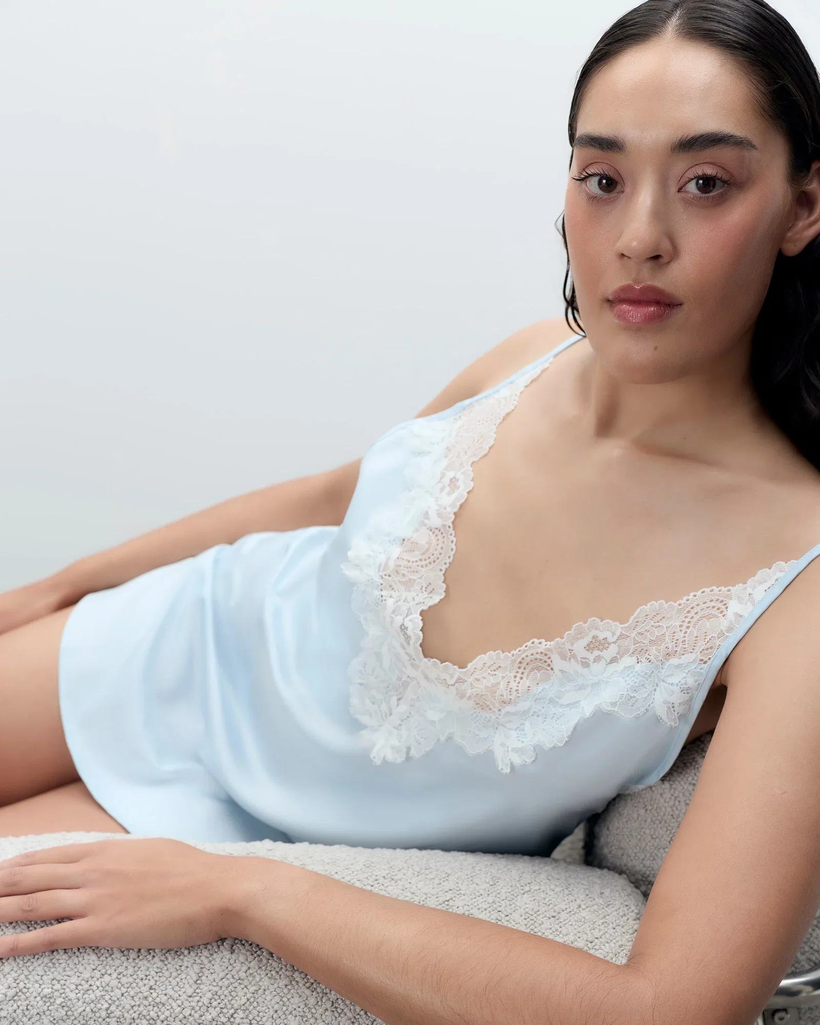 Image of Isabella Luxury Satin Short Chemise Ice Water Blue/White