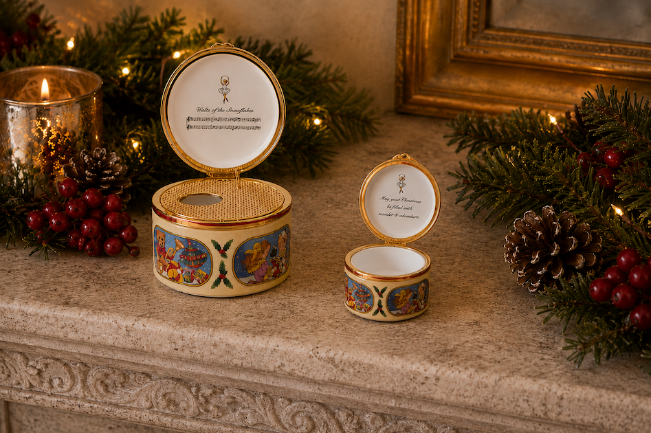 Christmas boxes on mantel piece