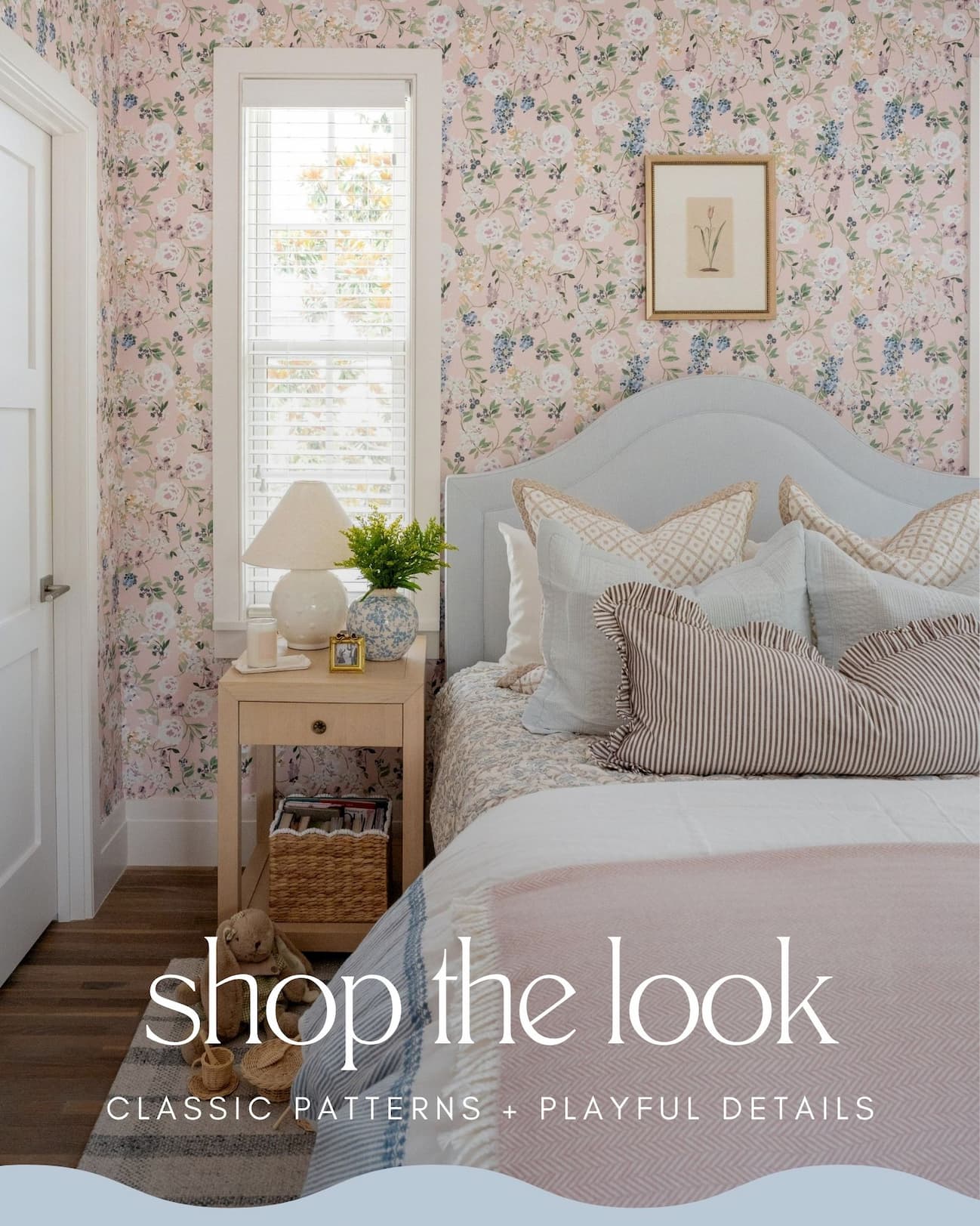 Girls bedroom with pink floral wallpaper, a layered bed and nightstand with shop the look text on top.