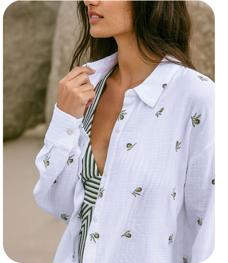 Organic Cotton Cheesecloth Embroidered Olive Print Long Sleeve Shirt