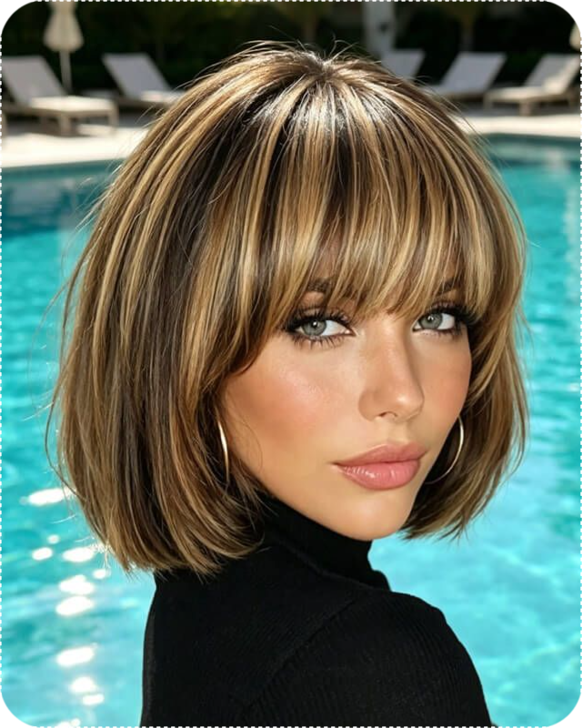 Wear And Go Wigs Honey Blonde Highlight Straight Bob Wig with Bangs Glueless Human Hair Wigs for Women