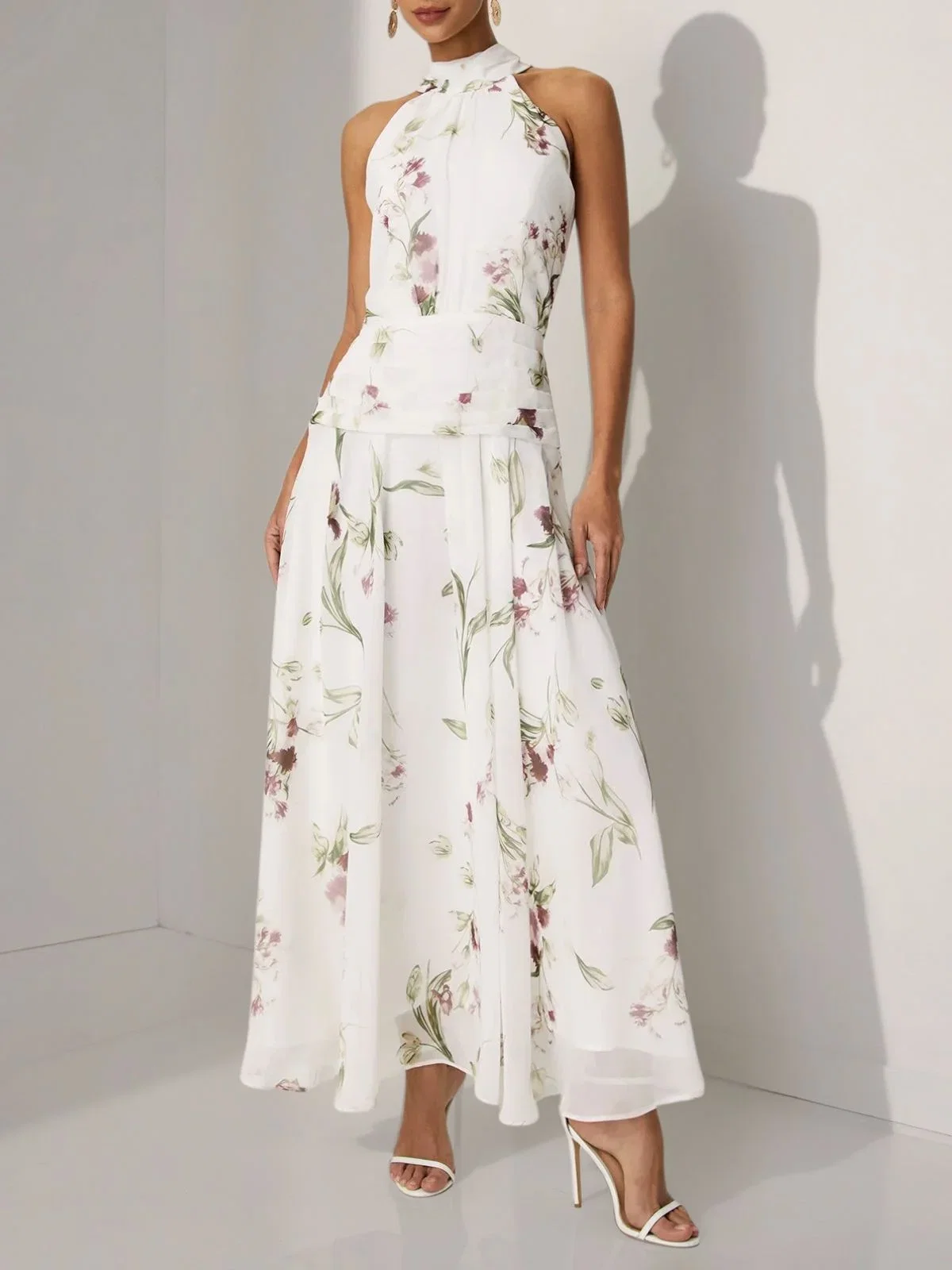 White Ruched Floral Chiffon Halter Neck Sleeveless A-Line Maxi Dress