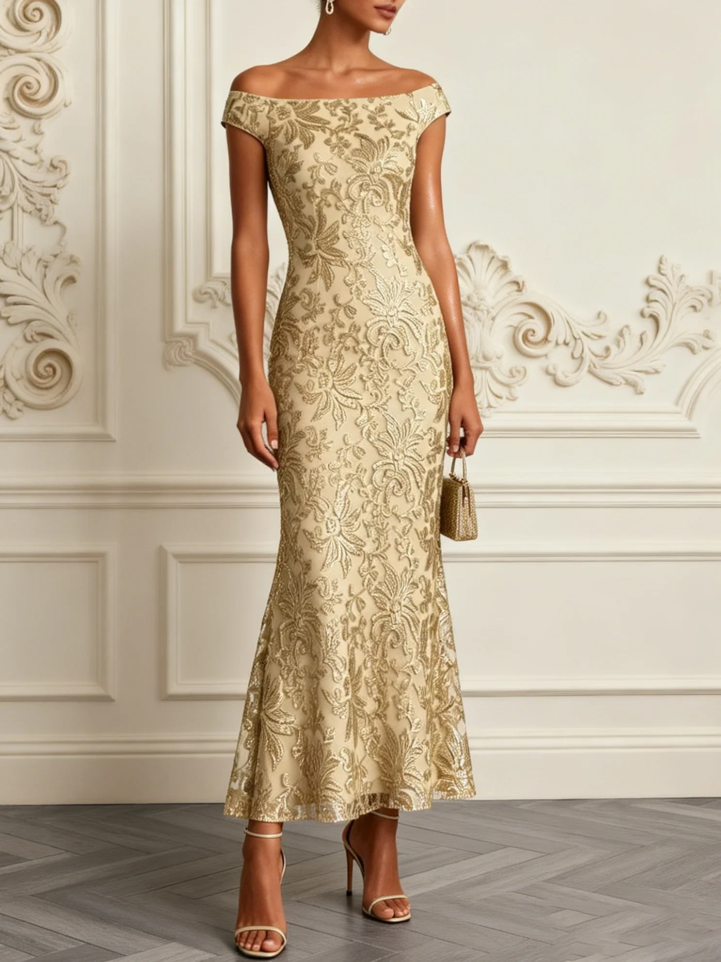 Champagne Jacquard Bone Lace Off The Shoulder Short Sleeve Mermaid Maxi Dress