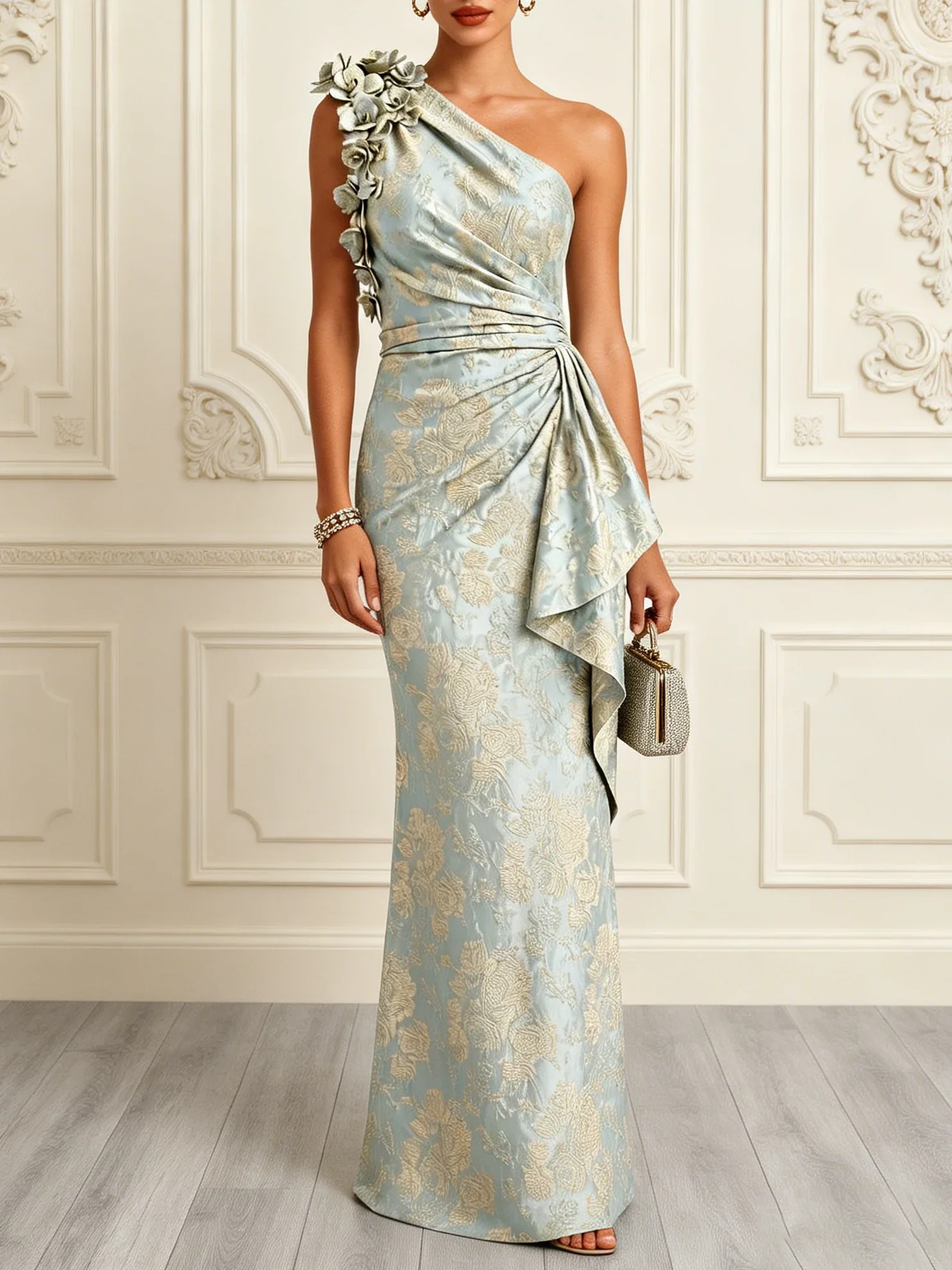 Light green Jacquard 3D Floral Classic One Shoulder Sleeveless Mermaid Floor Length Dress
