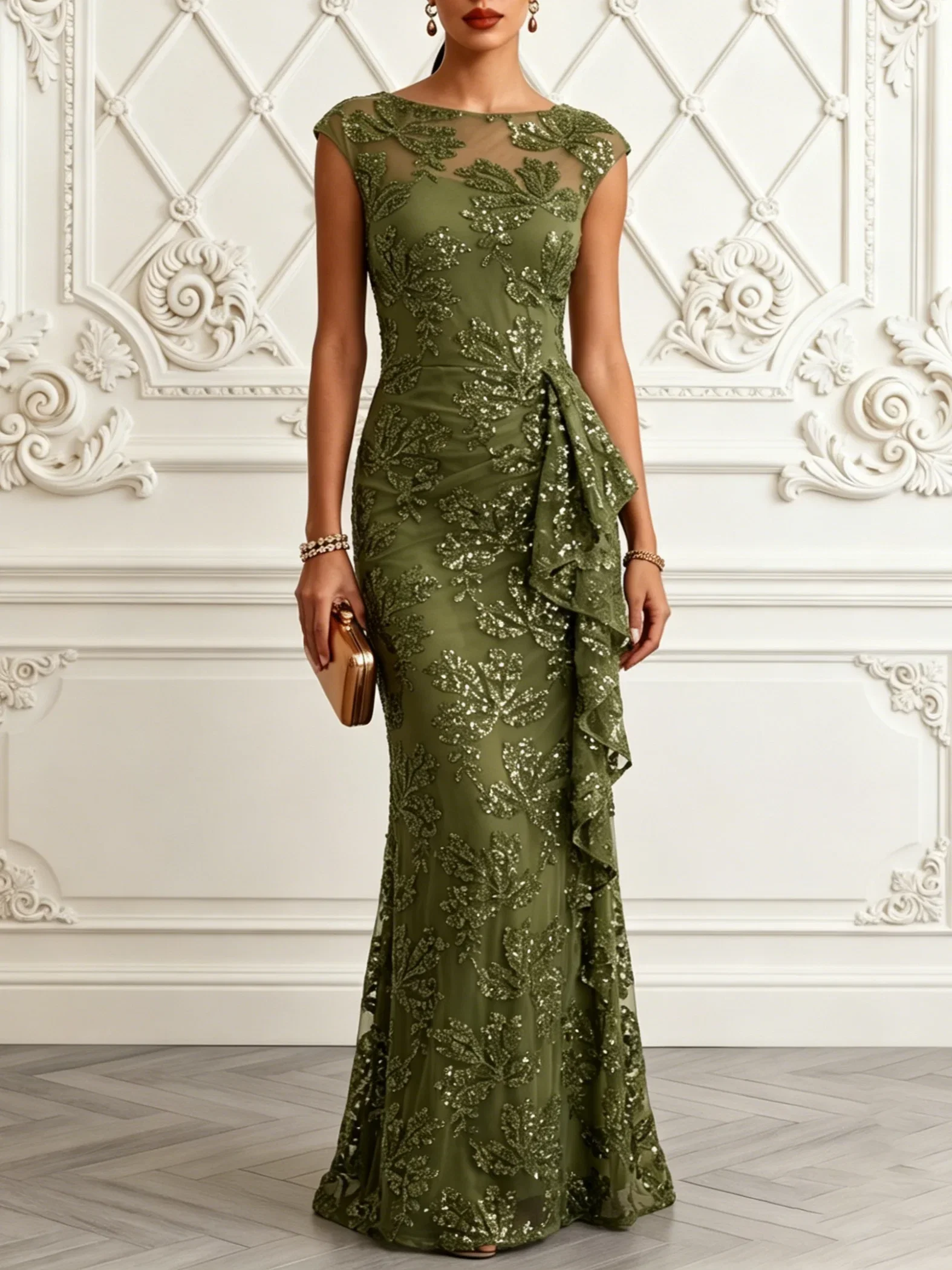 Army Green Glitter Ruffled Sequin Boat Neck Sleeveless Mermaid Floor Length Dress