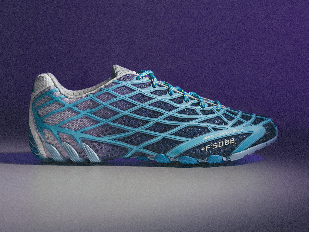 A collage of new adidas x bad bunny release of F50 Ghost Sprint on blue versions.
