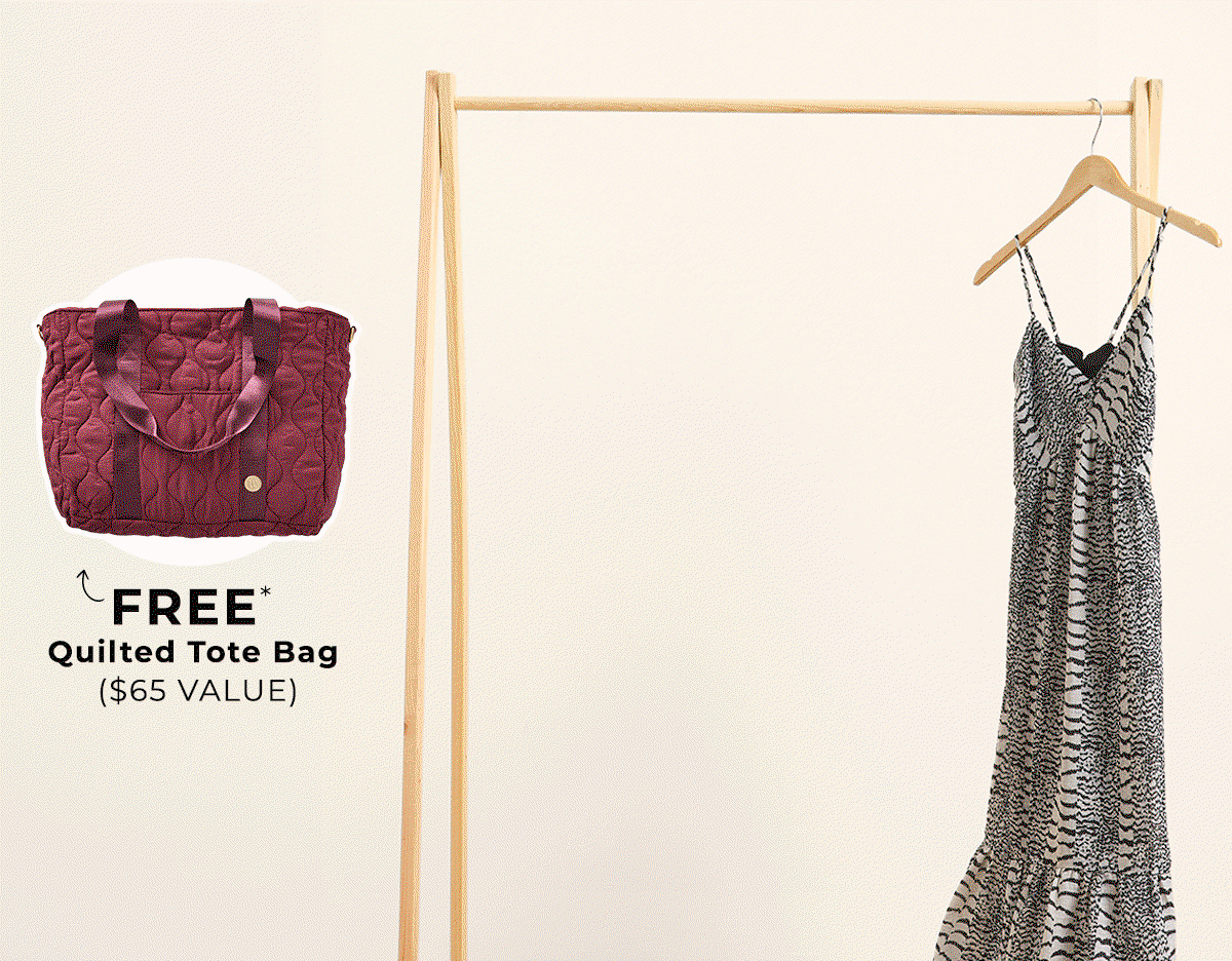 Burgundy quilted tote beside clothing rack with text. FREE Quilted Tote Bag. 65 dollar value.