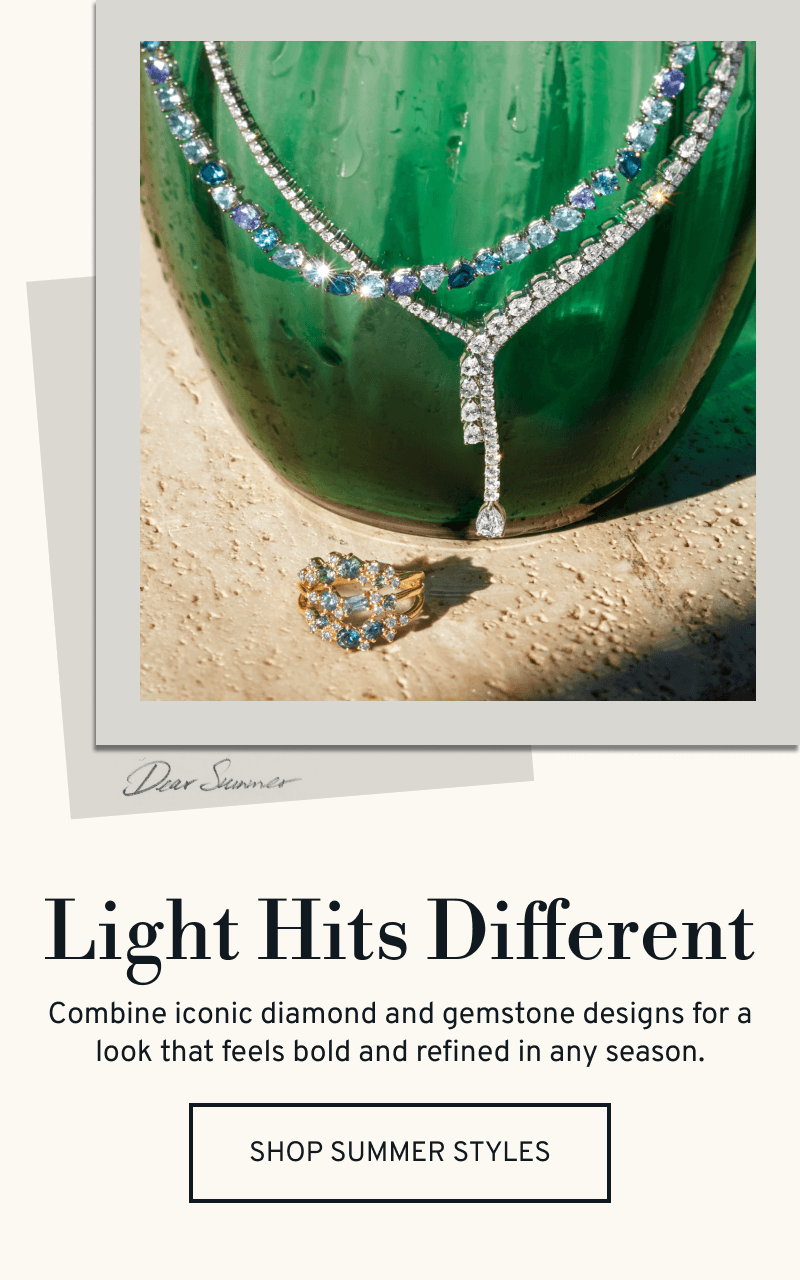 Diamond and sapphire necklaces and a gemstone ring. Combine iconic diamond and gemstone designs. Click to Shop Summer Styles