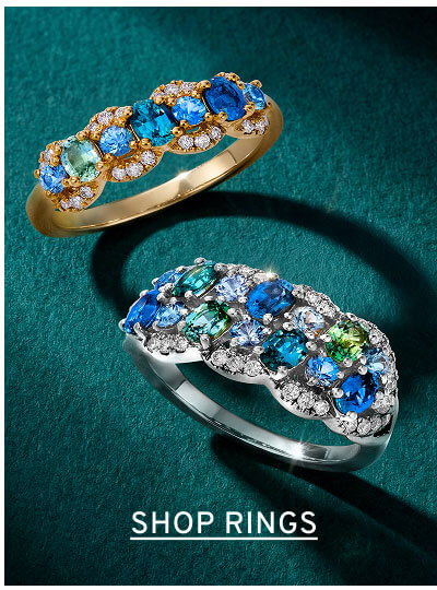 Two rings with blue and green gemstones and diamonds. Click to Shop Rings