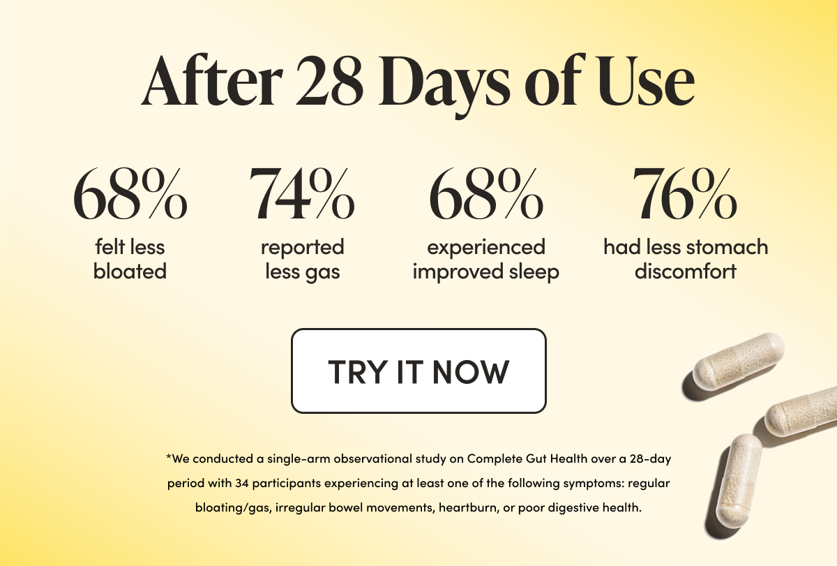 After 28 Days of Use  68% of people felt a decrease in bloating 74% experienced less gas  68% reported improved sleep quality 76% had less stomach discomfort  *We conducted a single-arm observational study on Complete Gut Health over a 28-day period with 34 participants experiencing at least one of the following symptoms: regular bloating/gas, irregular bowel movements, heartburn, or poor digestive health.