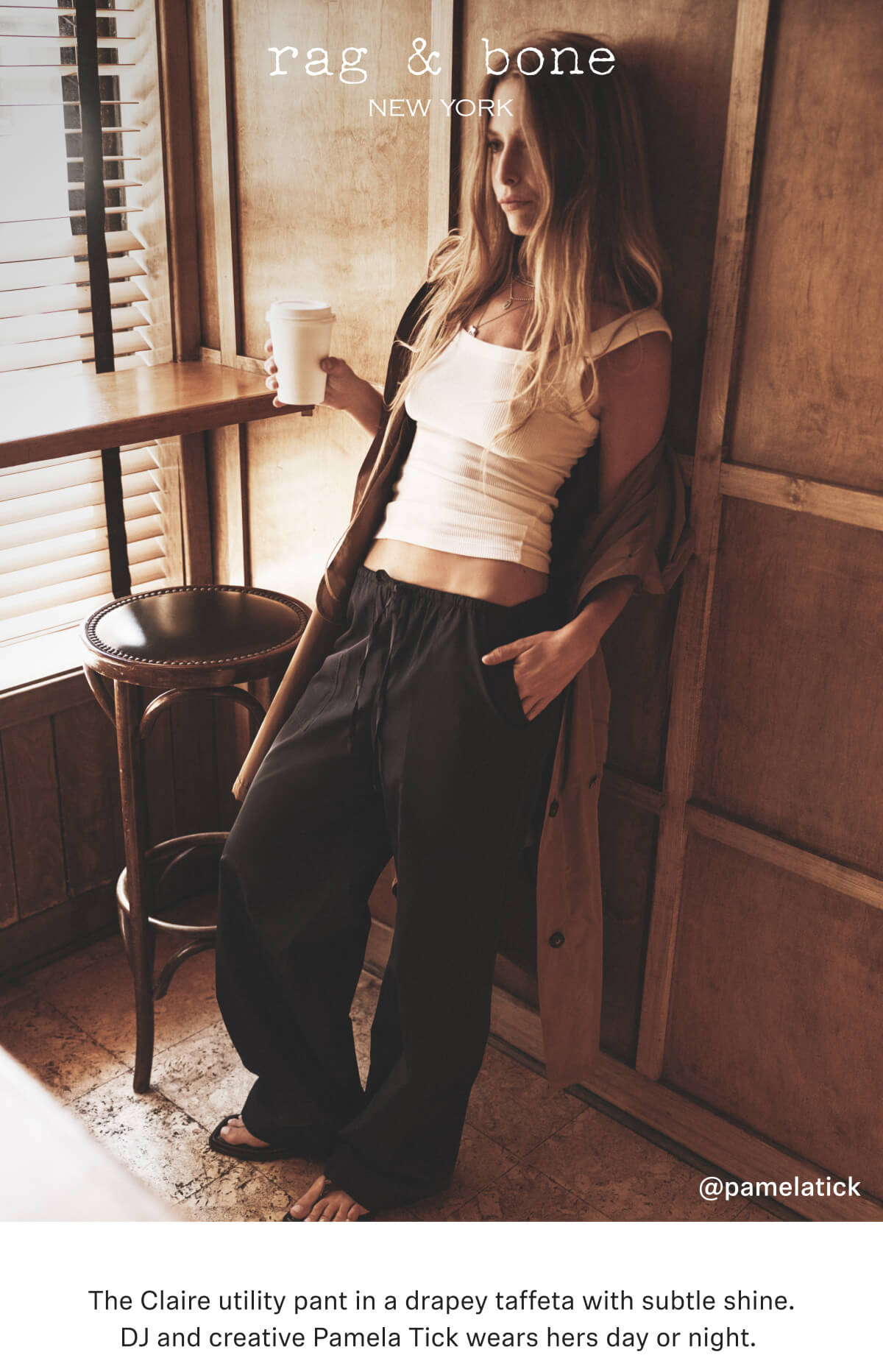 The Claire utility pant in a drapey taffeta with subtle shine. DJ and creative Pamela Tick wears hers day or night.