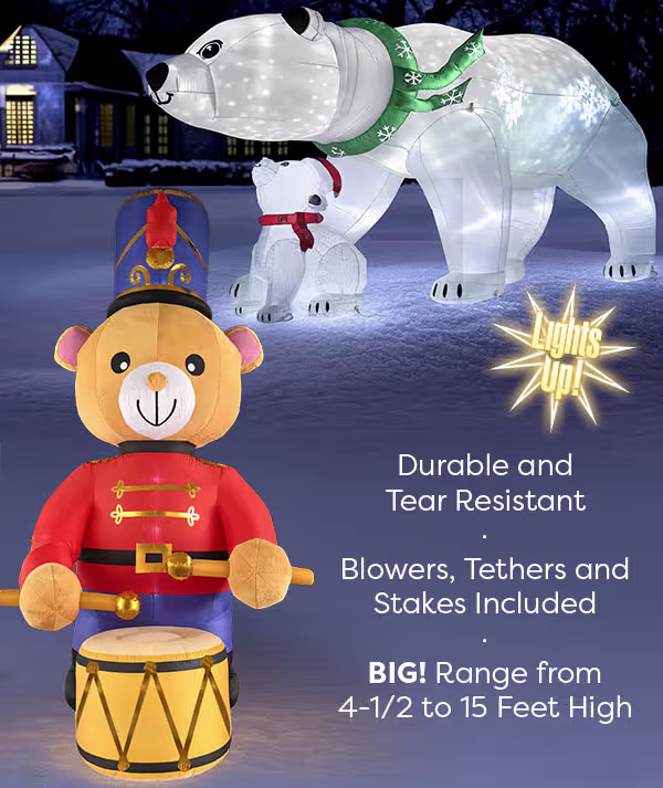 Inflatables are tear resistant, include blowers and tethers, and range from 4-1/2 to 15 feet high