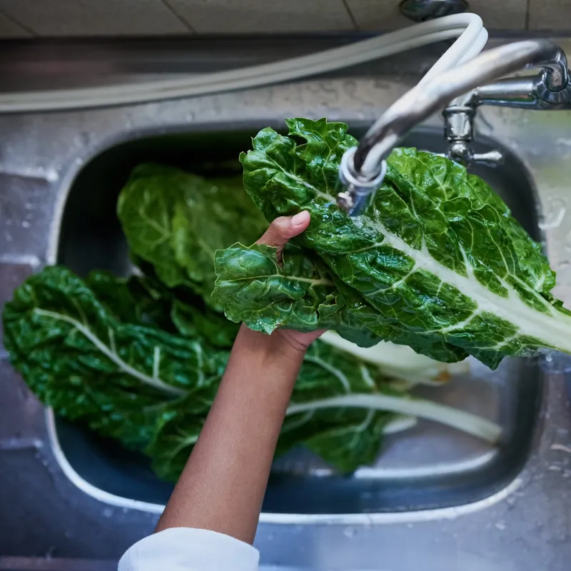 Cropped shot of a woman rinsing greens in a kitchen sink at home.