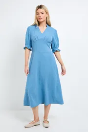 Lace Trim V Neck Puff Sleeve Midi Dress