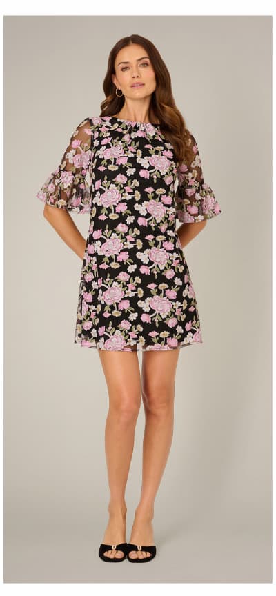 Bell Sleeve Floral Embroidered Short Dress In Black Multi