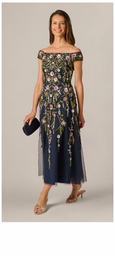 Off Shoulder Floral Beaded Ankle Length Dress In Navy Blush