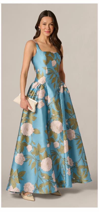 Drop Waist Square Neck Floral Ballgown In Blue Multi