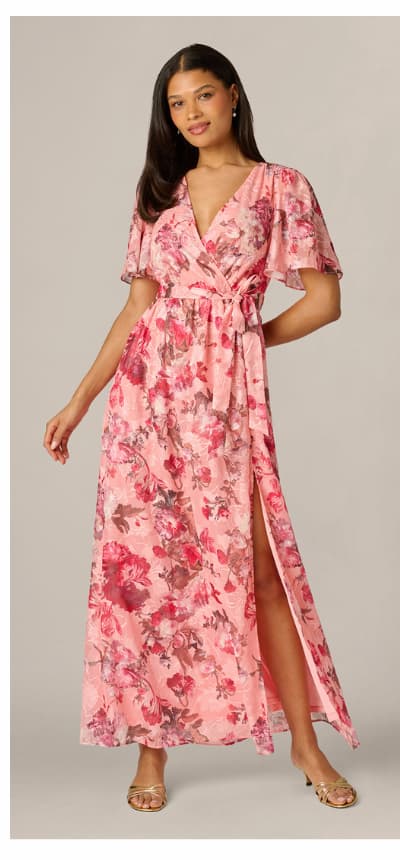 Flutter Sleeve Floral Print Embroidered Wrap Maxi Dress In Blush Multi