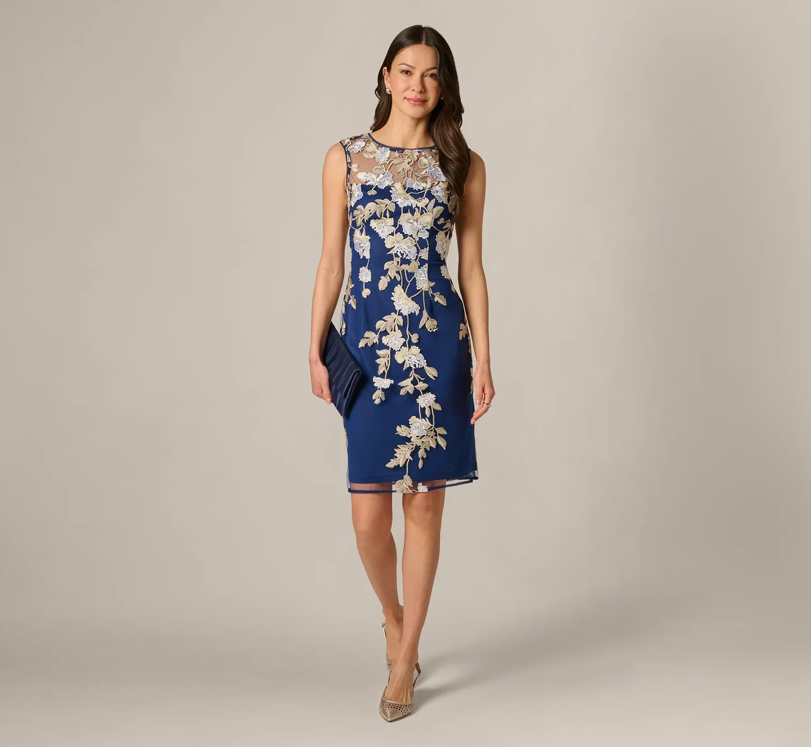 Image of Sleeveless Illusion Floral Embroidery Sheath Dress In Navy Ecru