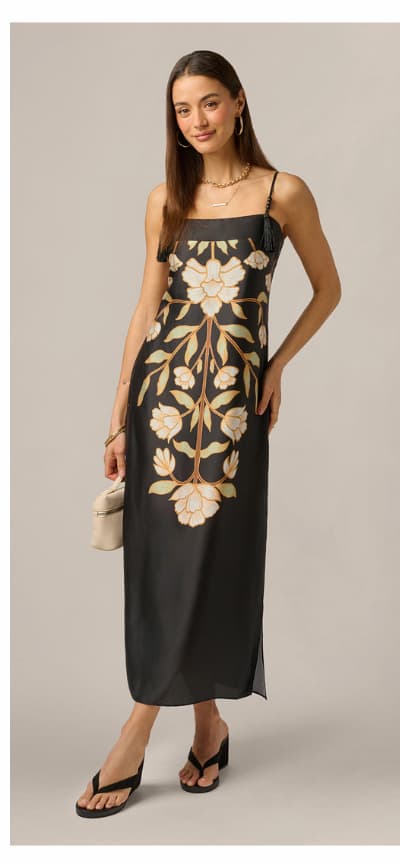 Floral Printed Satin Midi Slip Dress In Black Multi