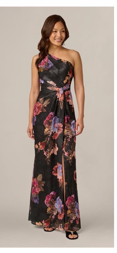 One Shoulder Knot Waist Floral Chiffon Gown In Black Multi