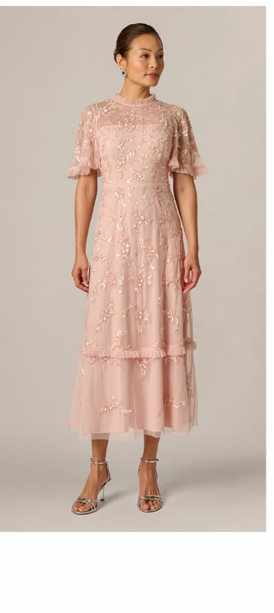 Flutter Sleeve Ruffle Floral Beaded Midi Dress In Blush Whisper
