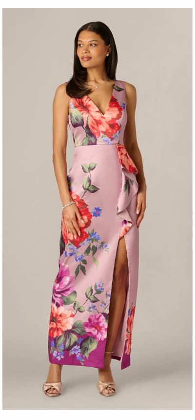 Floral Mikado Draped Column Gown In Mauve Multi