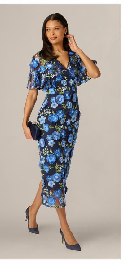 Cape Sleeve Floral Embroidered Midi Dress In Blue Multi
