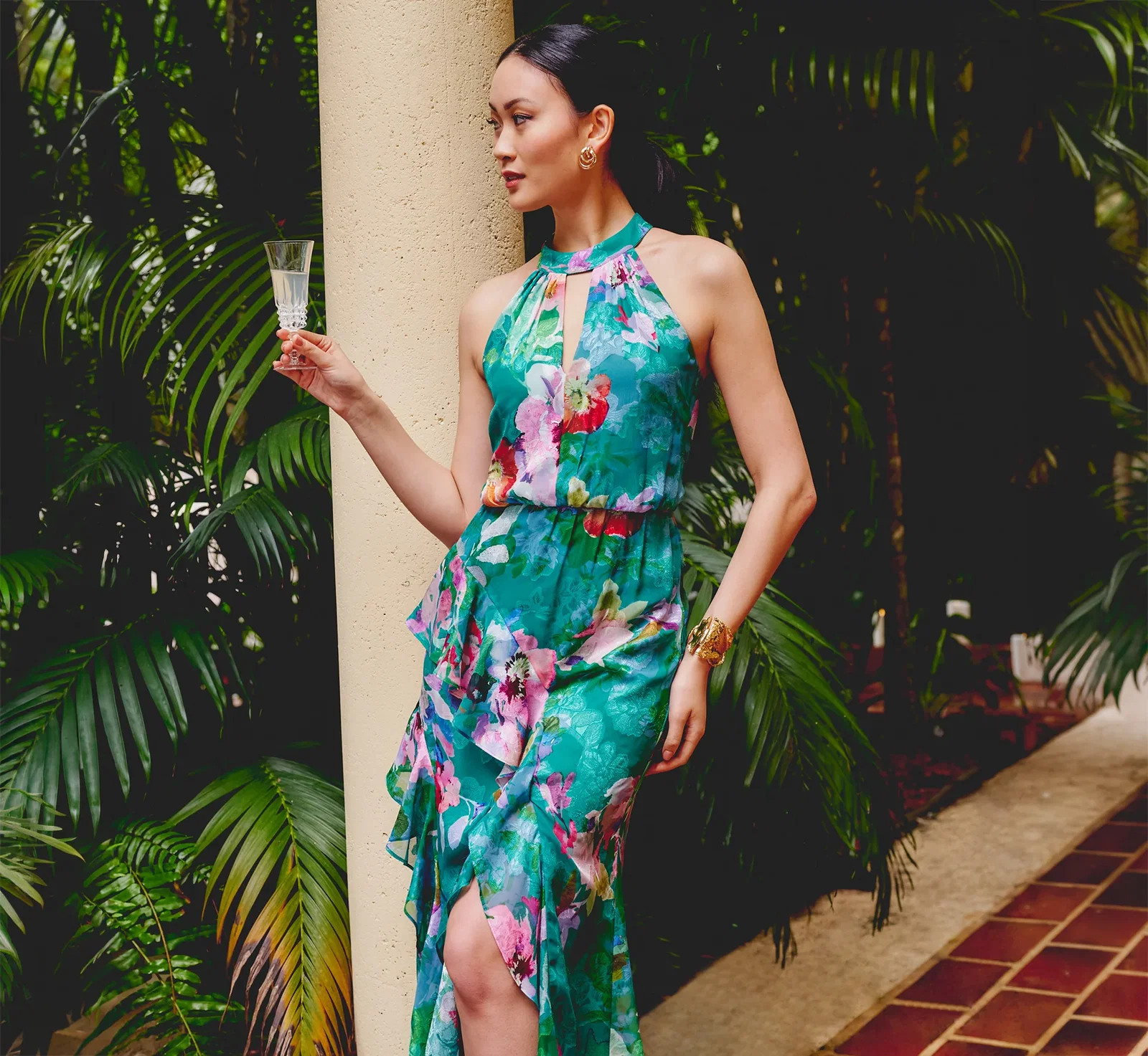 Image of Floral Chiffon Blouson Ruffle Halter Gown In Green Multi
