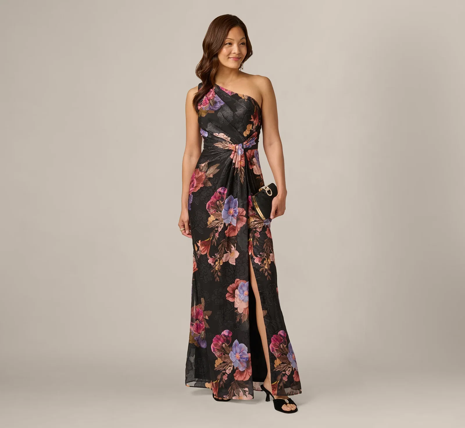Image of One Shoulder Knot Waist Floral Chiffon Gown In Black Multi