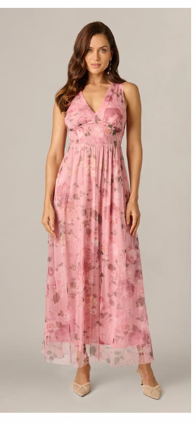 Floral Print Mesh Smocked Maxi Dress In Blush Multi