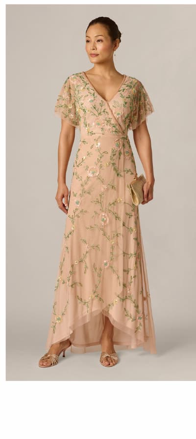 Flutter Sleeve Beaded Wrap Dress In Blush Multi