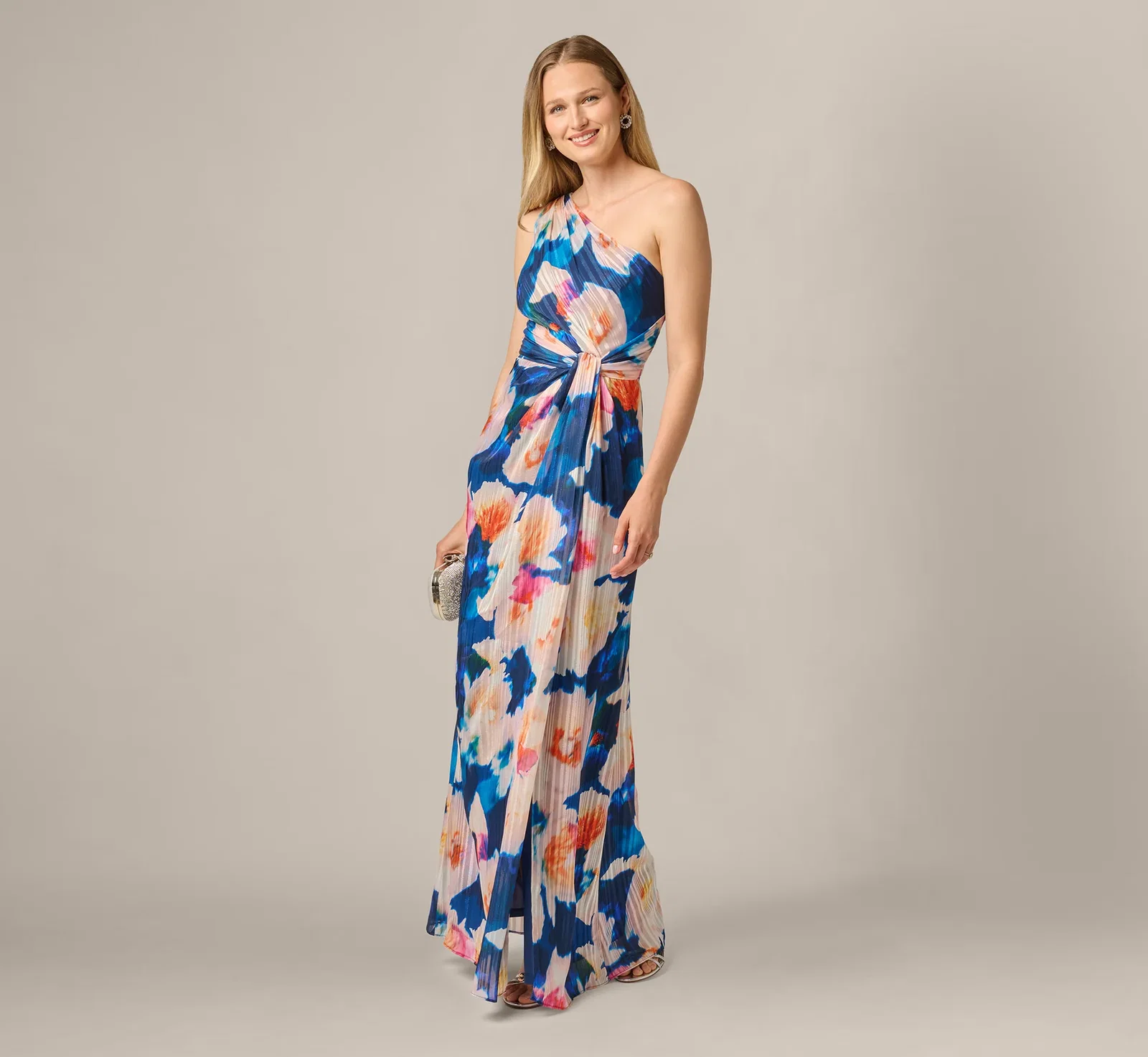 Image of Floral Print Chiffon Gown With One Shoulder Neckline In Navy Blush
