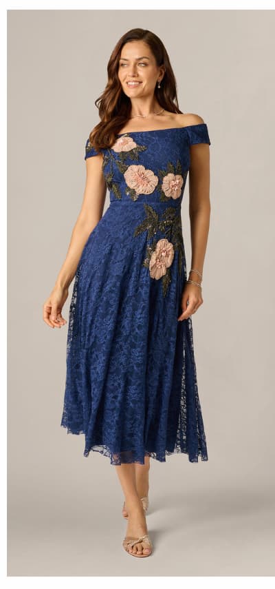 Off Shoulder Beaded Floral Lace Midi Dress In Navy Blush