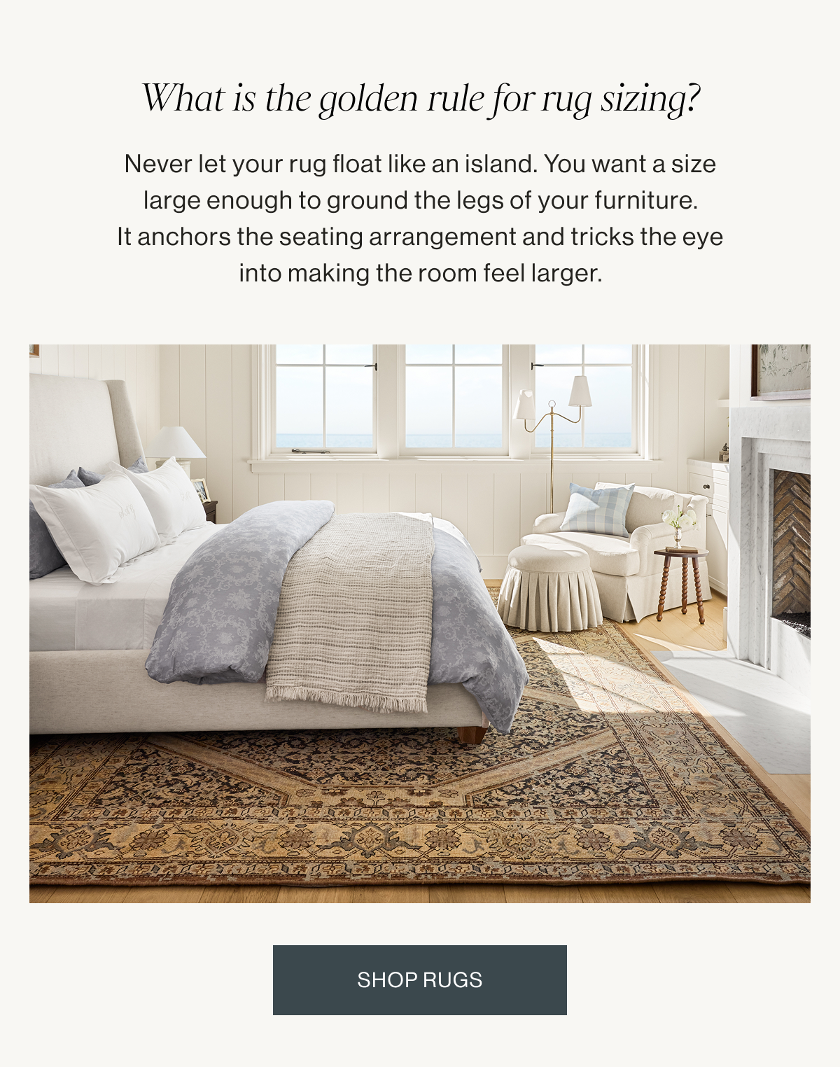 What is the golden rule for rug sizing?