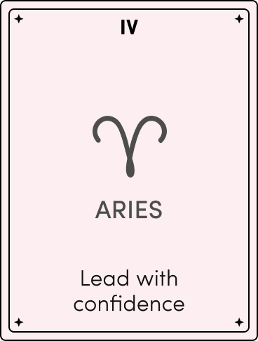 Light pink zodiac card labeled 'IV' with the Aries symbol and the text 'ARIES — Lead with confidence.