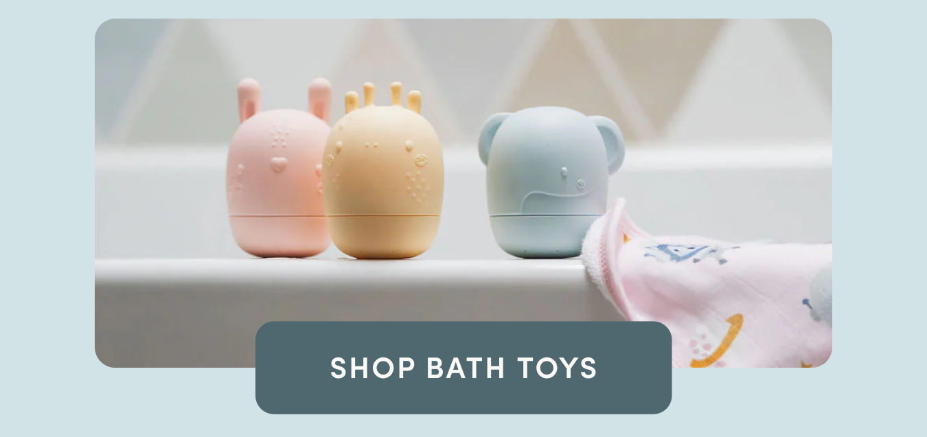 pink bunny bath toy, yellow giraffe bath toy, and blue elephant bathtoy