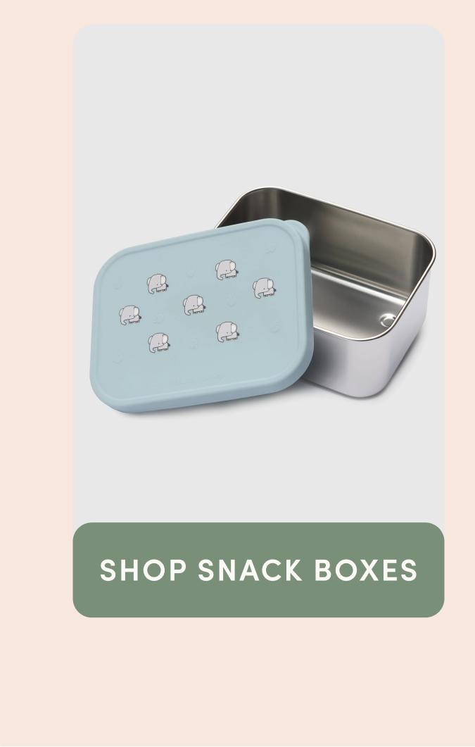 stainless steel snackbox with a blue silicone lid printed with grey elephants