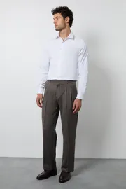 Brown Herringbone Pleated Relaxed Fit Suit Trouser