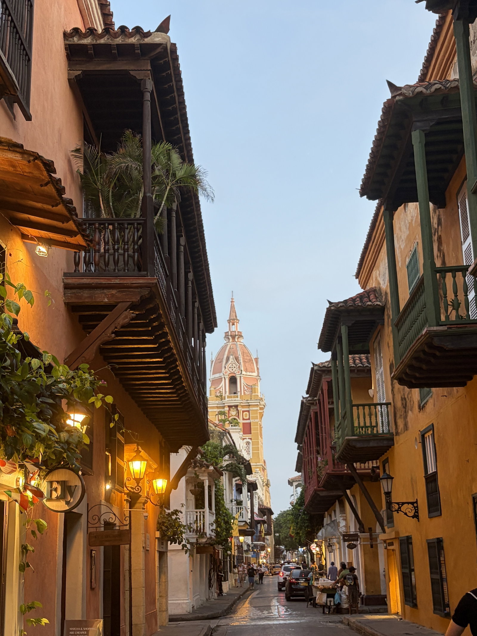 Colourful street in Cartagena, at dusk